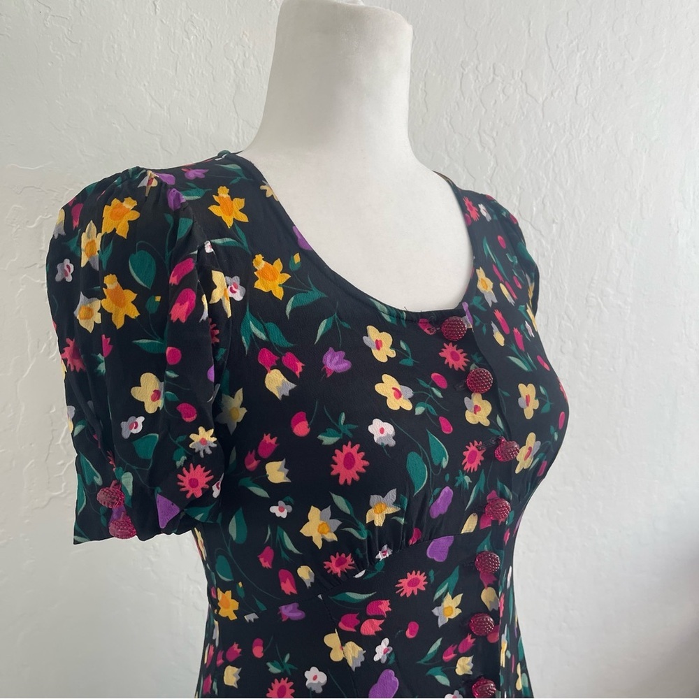 Vintage 1990s Betsey Johnson Black Floral Mini Dress Button Front Womens Size XS - Picture 3 of 10